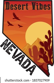 Ilustración de las vibraciones del desierto de Nevada con marco de mapa - Impresión de cañón con águila de cactus y colores de atardecer - Vector de patrón gráfico de tee