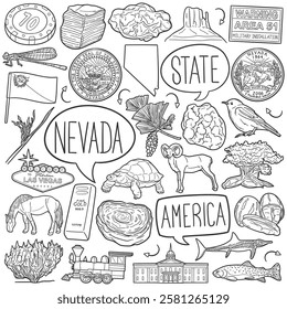 Nevada Doodle Icons Black and White Line Art. USA State Clipart Hand Drawn Symbol Design.