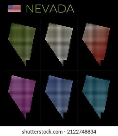 Nevada dotted map set. Map of Nevada in dotted style. Borders of the US state filled with beautiful smooth gradient circles. Radiant vector illustration.