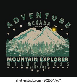 Nevada explorer outdoor adventure, mountain explorer typography, t-shirt graphics, vectors isolated black background