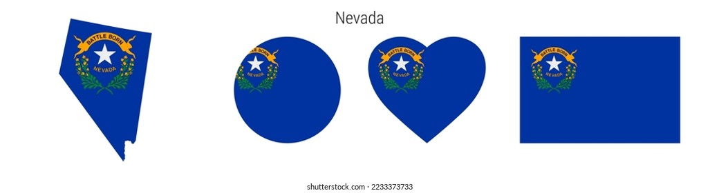 Nevada flag icon set. American state pennant in official colors and proportions. Rectangular, map-shaped, circle and heart-shaped. Flat vector illustration isolated on white.