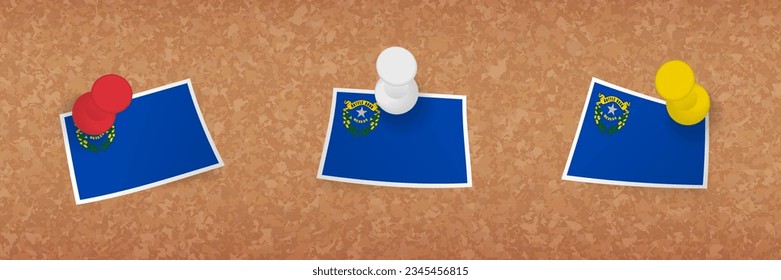 Nevada flag pinned in cork board, three versions of Nevada flag. Vector pushpins and flag set.