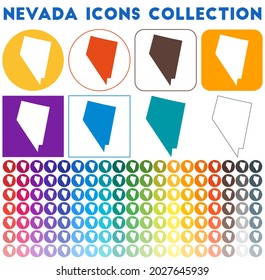 Nevada icons collection. Bright colorful trendy map icons. Modern Nevada badge with US state map. Vector illustration.