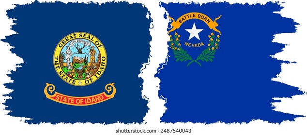 Nevada and Idaho states grunge brush flags connection, vector