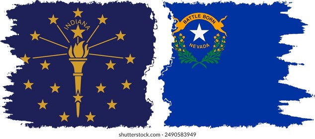 Nevada and Indiana states grunge brush flags connection, vector