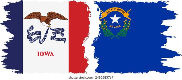 Nevada and Iowa states grunge brush flags connection, vector