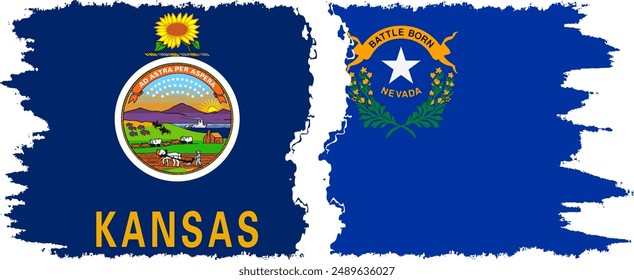 Nevada and Kansas states grunge brush flags connection, vector