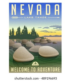 Nevada, Lake Tahoe United States retro travel poster or luggage sticker vector illustration