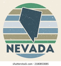 Nevada logo. Sign with the map of US state and colored stripes, vector illustration. Can be used as insignia, logotype, label, sticker or badge of Nevada.
