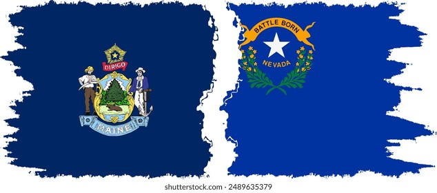 Nevada and Maine states grunge brush flags connection, vector