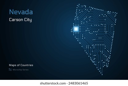 Nevada Map with a capital of Carson City Shown in a Microchip Pattern. Silicon valley, E-government. United States vector maps. Microchip Series