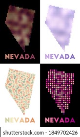 Nevada map. Collection of maps of Nevada in dotted style. Borders of the US state filled with rectangles for your design. Vector illustration.