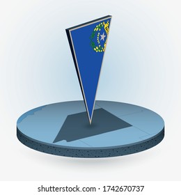 Nevada map in round isometric style with triangular 3D flag of US State Nevada, vector map in blue color.
