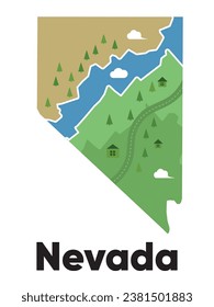 Mapa de Nevada forma Estados Unidos Estados Unidos estilo de caricatura dibujado a mano del bosque verde con árboles terreno de viaje 