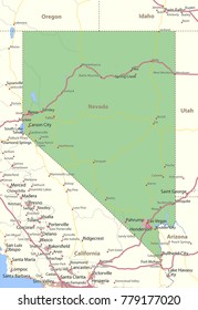 Nevada map. Shows state borders, urban areas, place names, roads and highways.Projection: Mercator.