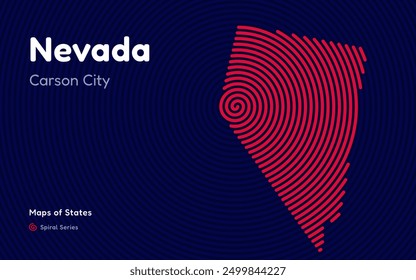 Nevada Map in Spiral Formation: Carson City Takes Center Stage. Fingerprint and stripes pattern. American states maps.