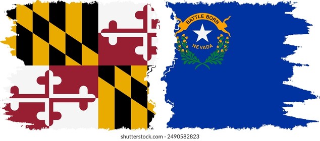 Nevada and Maryland states grunge brush flags connection, vector