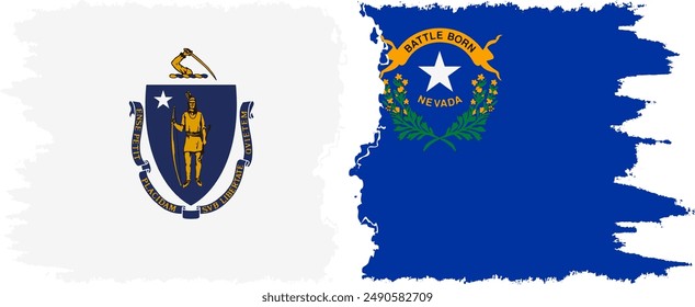 Nevada and Massachusetts states grunge brush flags connection, vector