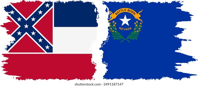 Nevada and Mississippi states grunge brush flags connection, vector