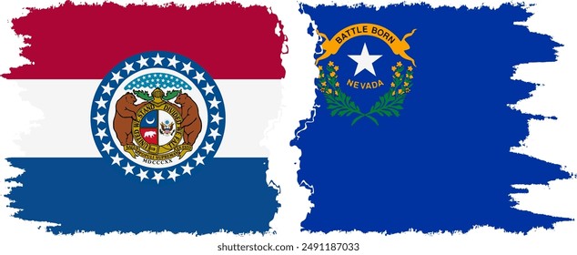 Nevada and Missouri states grunge brush flags connection, vector