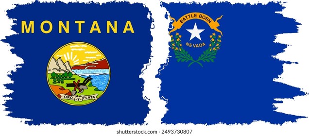 Nevada and Montana states grunge brush flags connection, vector