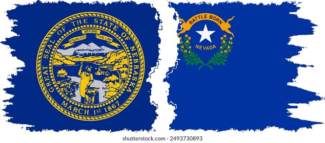 Nevada and Nebraska states grunge brush flags connection, vector