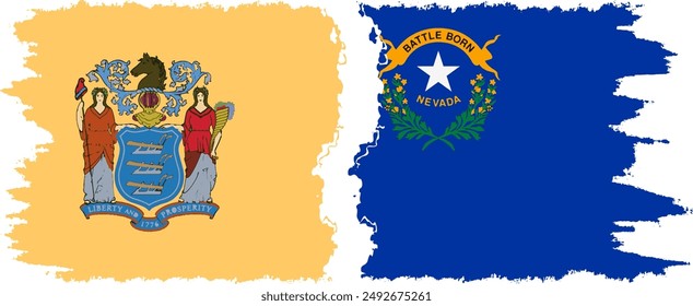 Nevada and New Jersey states grunge brush flags connection, vector