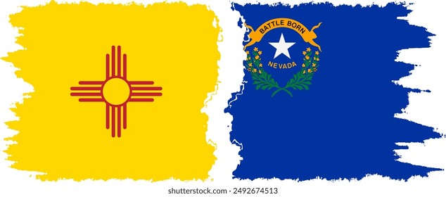 Nevada and New Mexico states grunge brush flags connection, vector