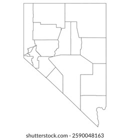 Nevada, NV - detailed political map of US state. Administrative map divided into counties. Thin blank black outline map. Vector illustration