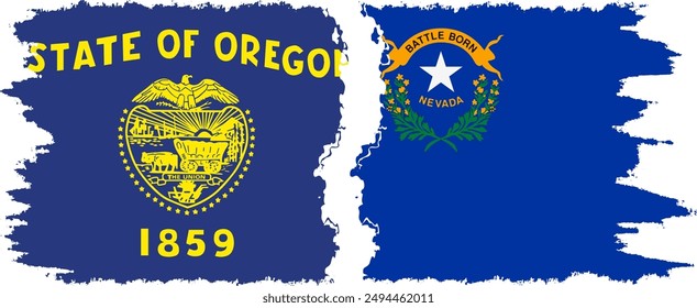 Nevada and Oregon states grunge brush flags connection, vector