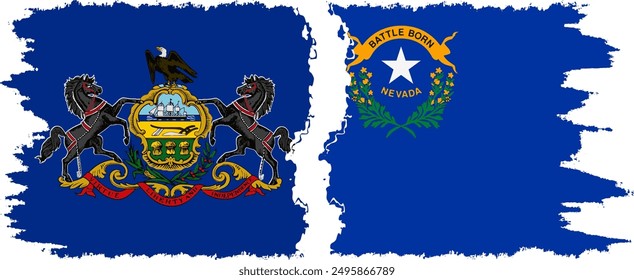 Nevada and Pennsylvania states grunge brush flags connection, vector