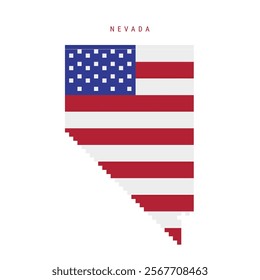 Nevada pixel flag map icon. 8 bit pixel art map covered with american flag. Flat vector illustration isolated on white background.