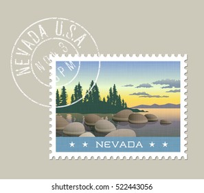  Nevada postage stamp design. 
Vector illustration of Lake Tahoe shoreline. Grunge postmark on separate layer svg