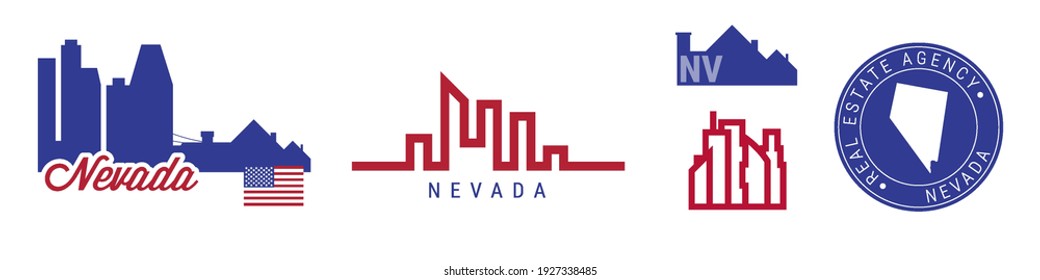 Nevada real estate agency. US realty emblem icon set. Flat vector illustration. American flag colors. Big city and suburbs. Simple silhouette map in the round seal stamp.