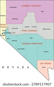 Nevada regions map with counties. Colored. Vectored