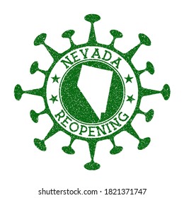 Nevada Reopening Stamp. Green round badge of us state with map of Nevada. Us state opening after lockdown. Vector illustration.