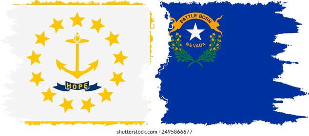 Nevada and Rhode Island states grunge brush flags connection, vector