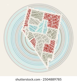 Nevada Round Poster. Typography style image of State. Counties word clouds of Nevada. Vintage image design with scratch texture.