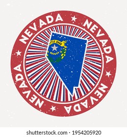 Nevada round stamp. Logo of a US state with the state flag. Vintage badge with circular text and stars, vector illustration.