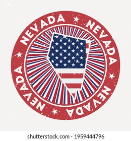 Nevada round stamp. Logo of US state with flag. Vintage badge with circular text and stars, vector illustration.