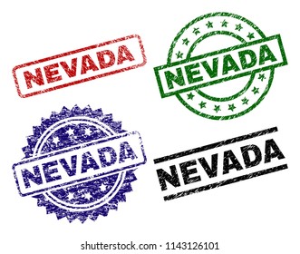 NEVADA seal prints with corroded texture. Black, green,red,blue vector rubber prints of NEVADA text with corroded style. Rubber seals with circle, rectangle, rosette shapes.