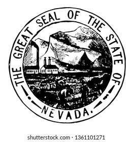 Nevada seal of Territory adopted in 1862 vintage line drawing.