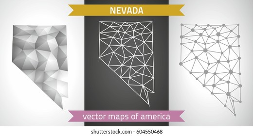 Nevada set of grey and silver mosaic 3d polygonal maps.  Graphic vector triangle geometry outline shadow perspective maps