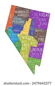 Nevada shape. State word cloud with county division. Nevada colored illustration. County names cloud. Vector illustration.