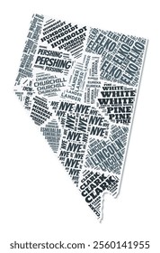 Nevada shape text cloud. State border with shadow on white background. Nevada with counties division in vintage gazette style. Creative vector illustration.