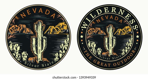 Nevada. Silver State. Cactus and mountains. Wilderness, the great outdoors slogan. Symbol of tourism and travel 