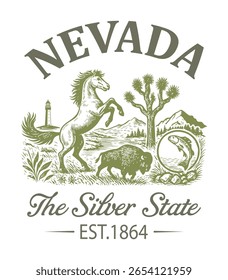 Nevada The Silver State - Estados Unidos Estado Cityscape T-shirt Vetor, Ícones americanos de referência, Vintage Estados Cityscape Camisa, Retro Travel City Art, Estados Citações de referência, Estado de férias Ilustração

