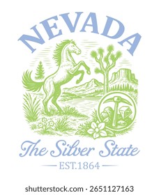 Nevada The Silver State - US State Vintage T-shirt Vector, USA States Cityscape Landmark Icons, American State Typography Shirt, USA Skyline Clipart, Retro travel city illustration