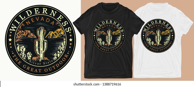 Nevada. Silver State. Wilderness, the great outdoors slogan. Symbol of tourism and travel. Print for t-shirts and another, trendy apparel design  