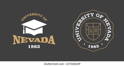 Nevada slogan typography graphics for t-shirt. University print and logo for apparel. T-shirt design with shield and graduate hat. Vector illustration.